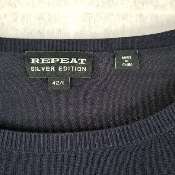 Navy Blue Silk Blend Tunic Sweater Mixed Media Size Large Long Sleeves - Picture 4 of 12